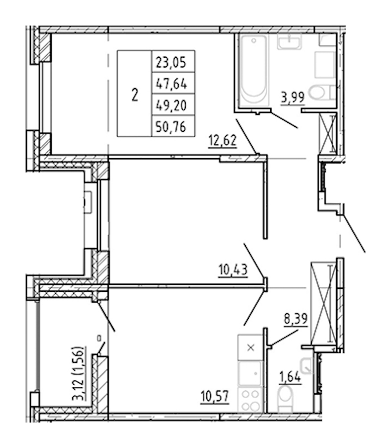 2-комнатная квартира 47.64 м², 11/12 эт., ЖК «Полис Новоселье»
